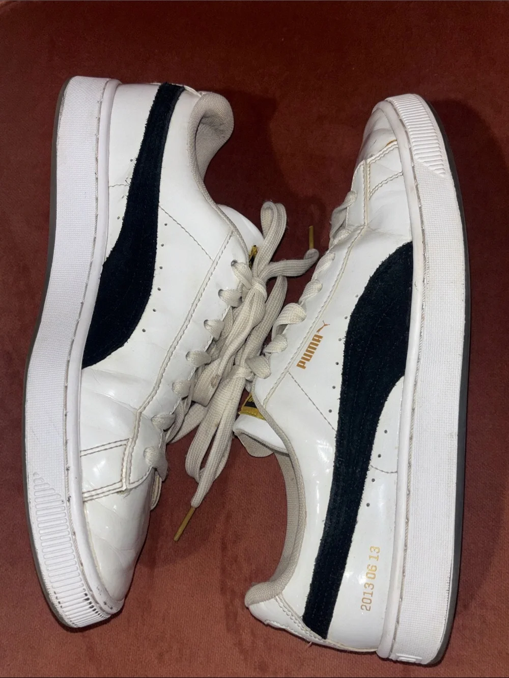 BTS X Puma basket white patent leather low top sneakers flower sole men’s 7.5